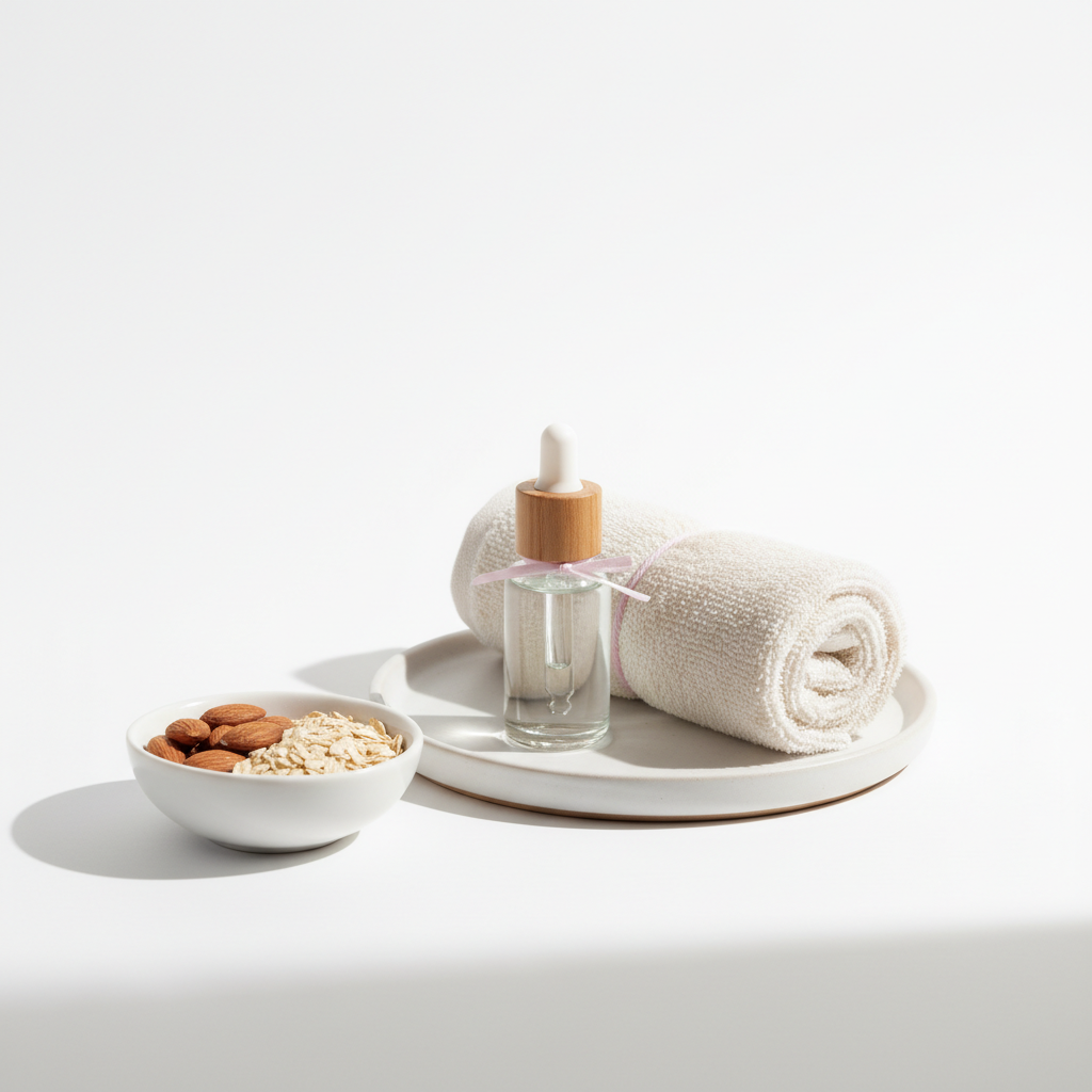 Minimalistische Badezimmerablage mit Nagelöl ohne Markenkennzeichnung, Mandeln und Hafer in Schale, weiße Pastellästhetik – Bild zu Vitaminmangel brüchige Nägel