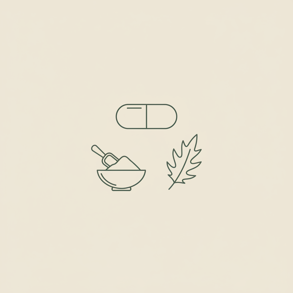 Minimalist vector line illustration of a capsule, bowl with a scoop of powder and milk thistle leaf on beige background, evoking weight loss powder safety.
