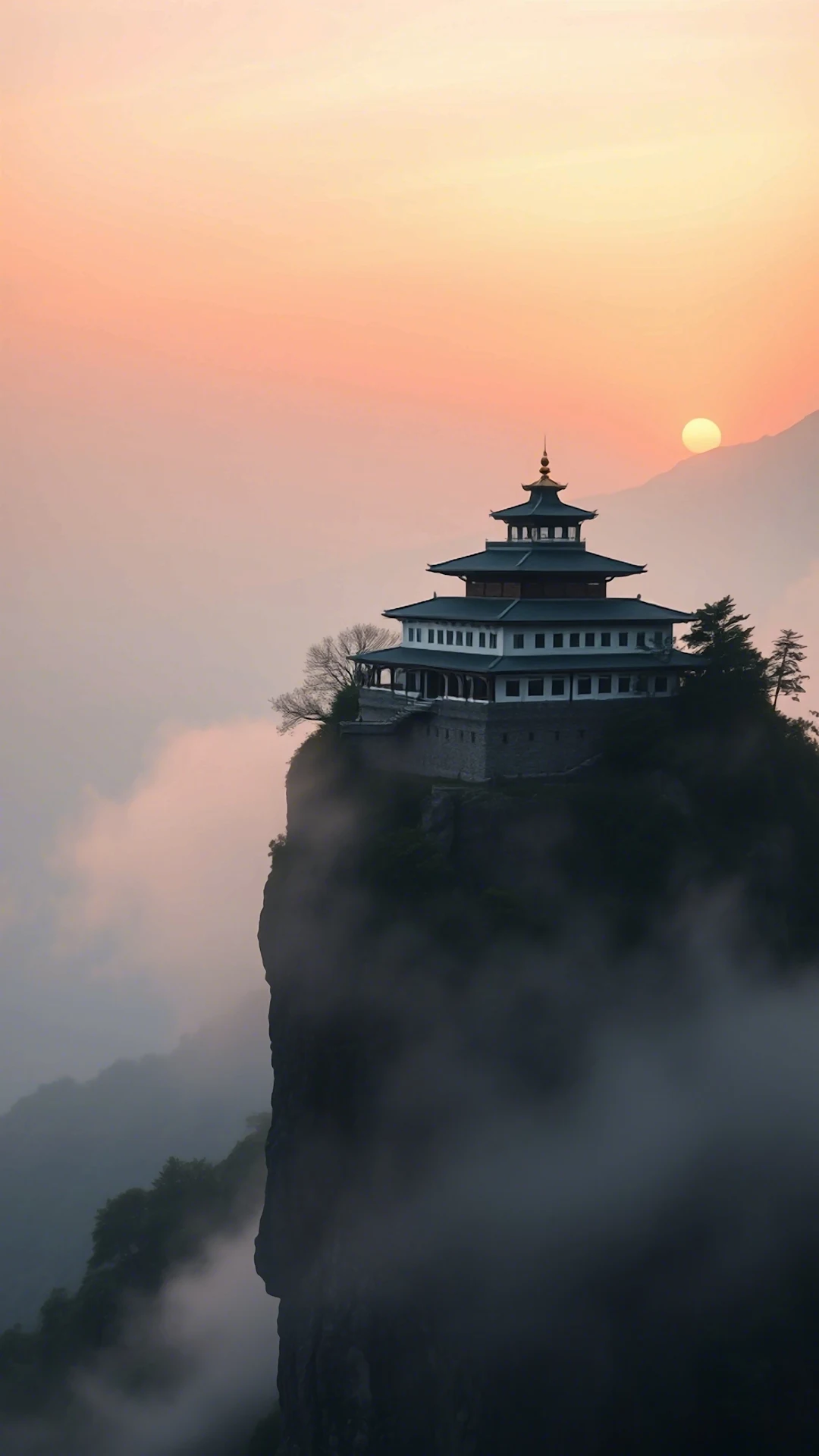 Ancient Pagoda on Misty Cliff Edge at Sunrise - Free 4K mobile Wallpaper
