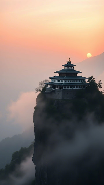 Ancient Pagoda on Misty Cliff Edge at Sunrise - Free mobile Wallpaper
