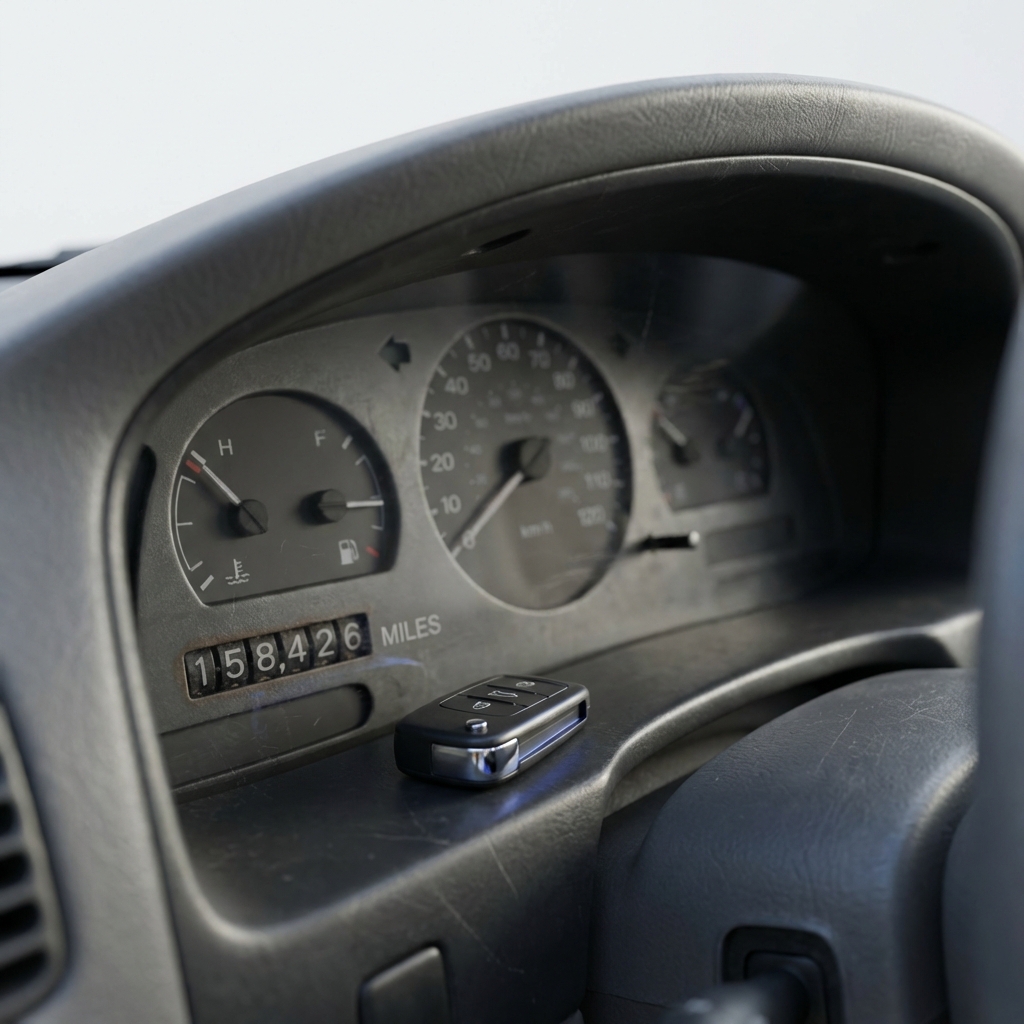 Close up of a used car odometer showing mileage numbers illustrating used car mileage limit on a clean white background with a subtle blue key fob accent