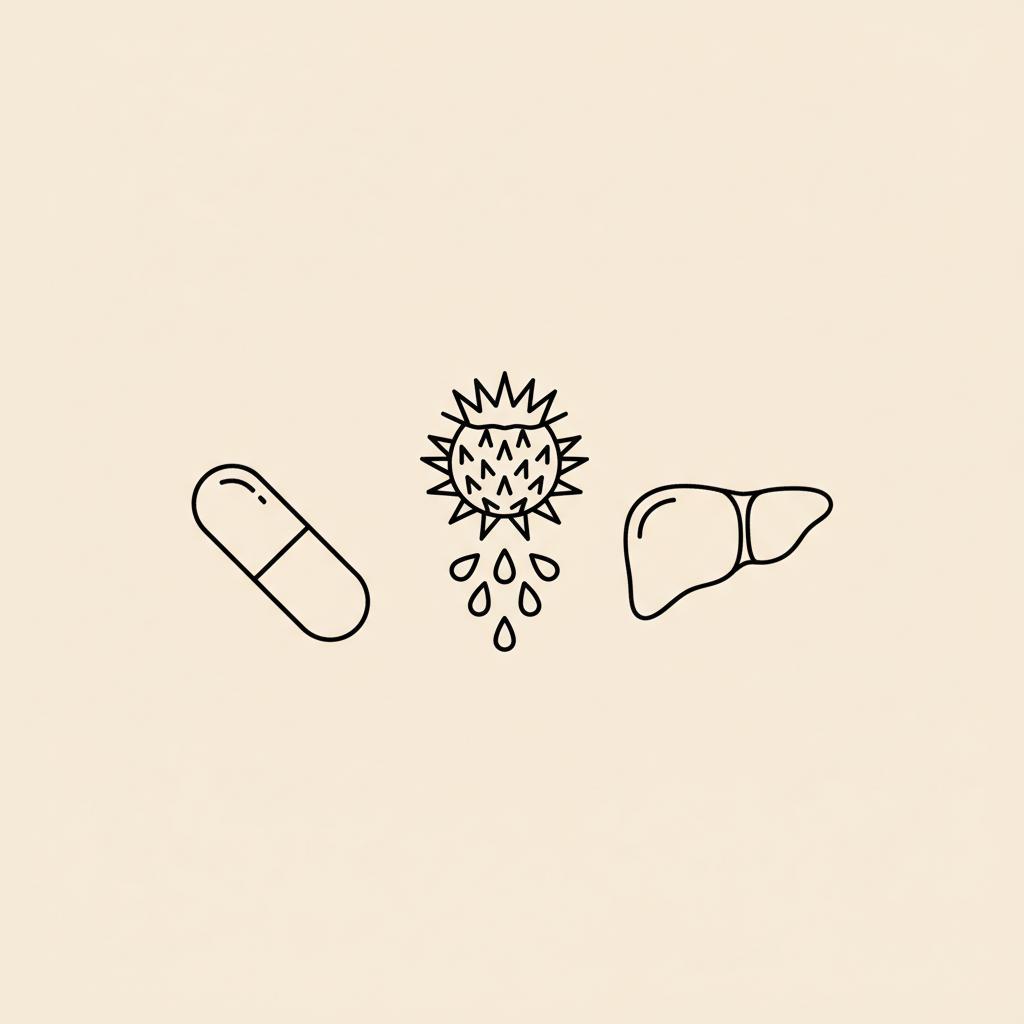 Minimalist vector line illustration of a milk thistle seed head, a capsule, and a simple liver silhouette on a flat beige background (#F2E5D5) in Tonum style.
