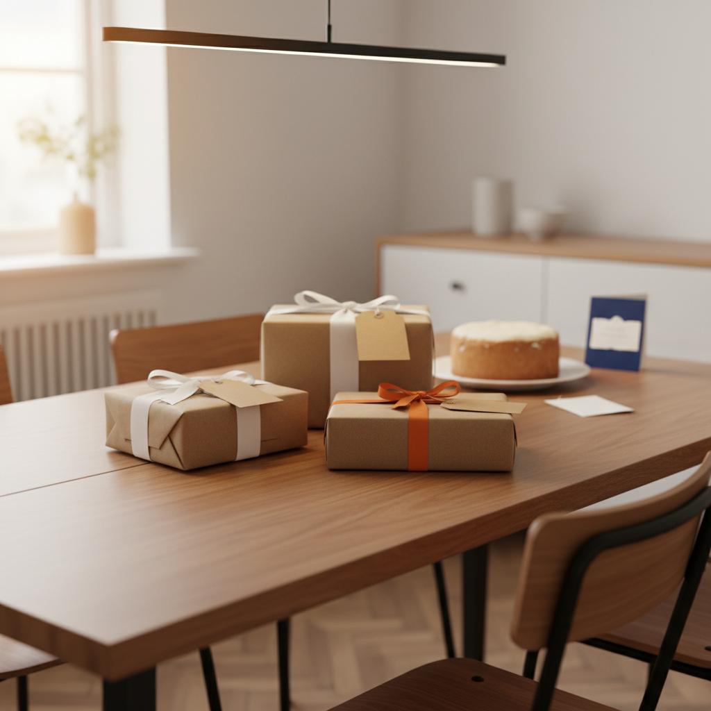 Intime Esstischszene mit kleinen Geschenken und Vanillekuchen als Danksagung Hebamme, warmes Licht, Holzoberflächen, minimalistisches Design