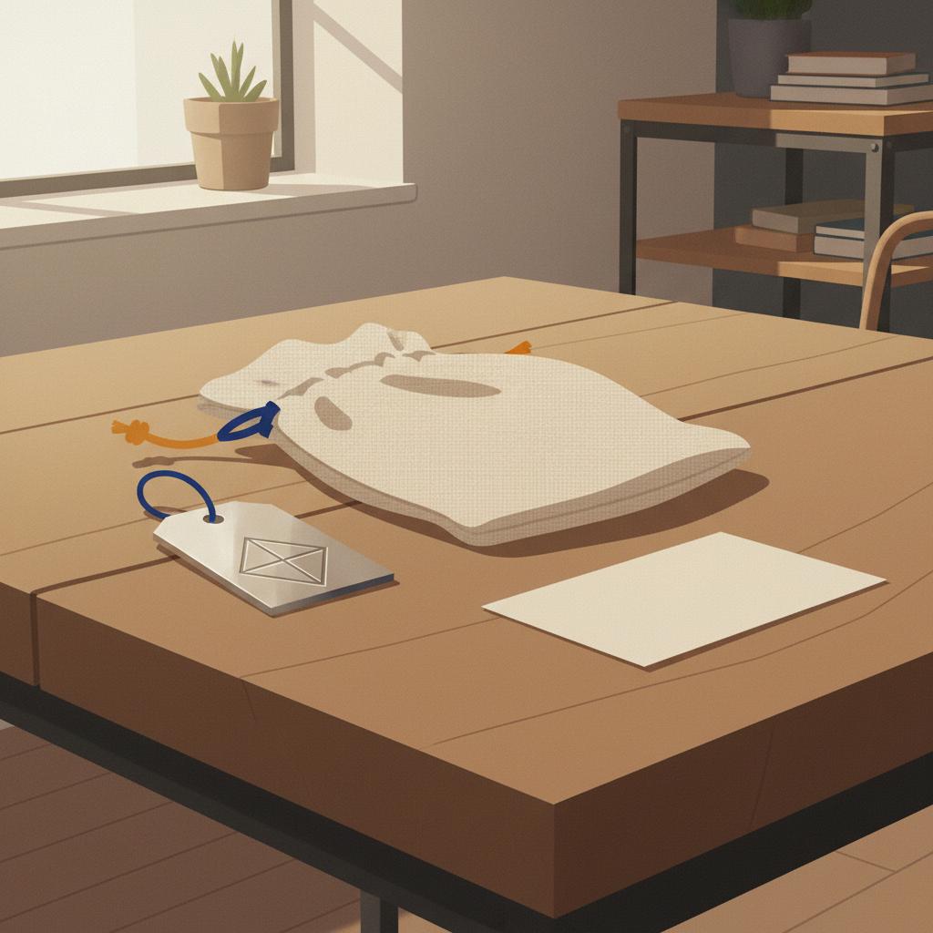 Detailaufnahme von Geschenkverpackungen auf Holztisch mit geätztem Metallschild, Stoffbeutel und kleiner Karte im minimalistischen 2D-Vektorstil. Geschenk zur Praxiseröffnung