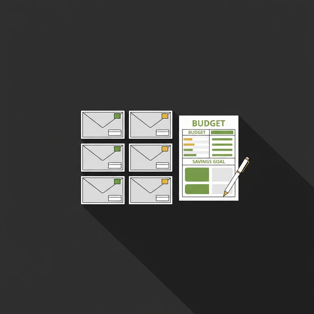 Top down vector illustration of envelopes spreadsheet and pen representing highest paid side hustle budgeting and savings on a dark Finance Police style background