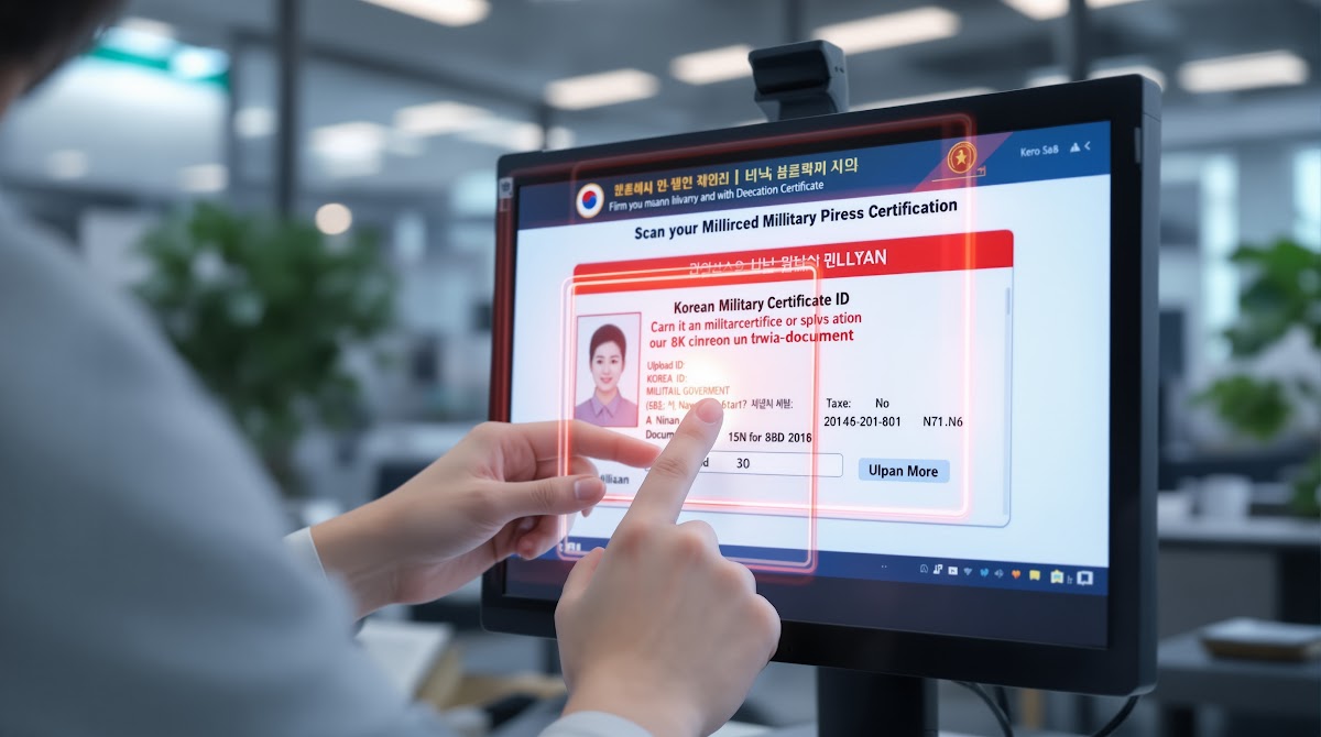 국가유공자 병력확인  국가보훈부 공식 온라인 포털에 접속해 병력확인 절차를 진행하는 모습, 준비서류와 신분증, 병적증명서를 디지털 스캔하여 첨부하는 실제 화면, 신청자는 안내에 따라 단계를 진행 중