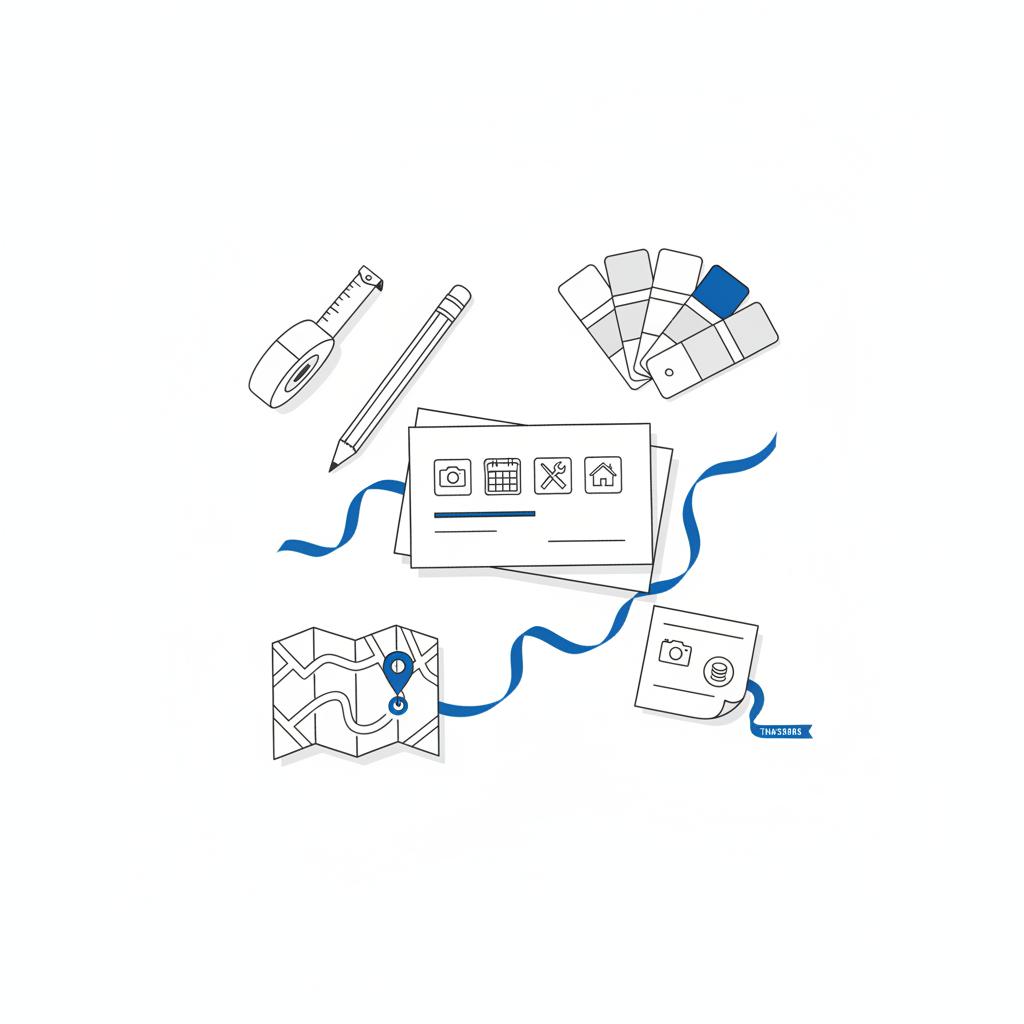 Top-down vector workbench with tools, folded service card of graphical icons, sketched map and sticky note with photo and budget icons, blue pen accent &mdash; Thumbtack cost