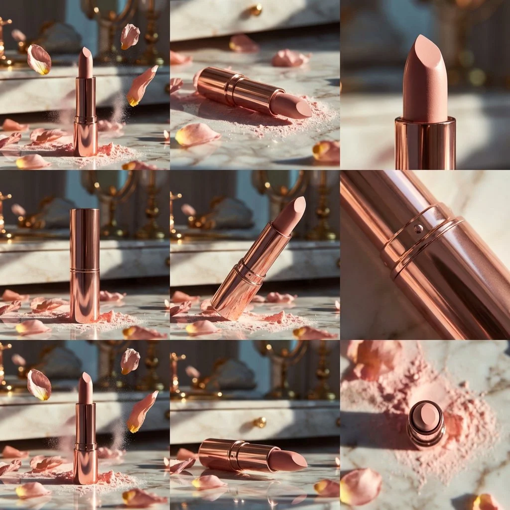 Elegante pintalabios color oro rosa sobre mármol reflectante con pétalos voladores.