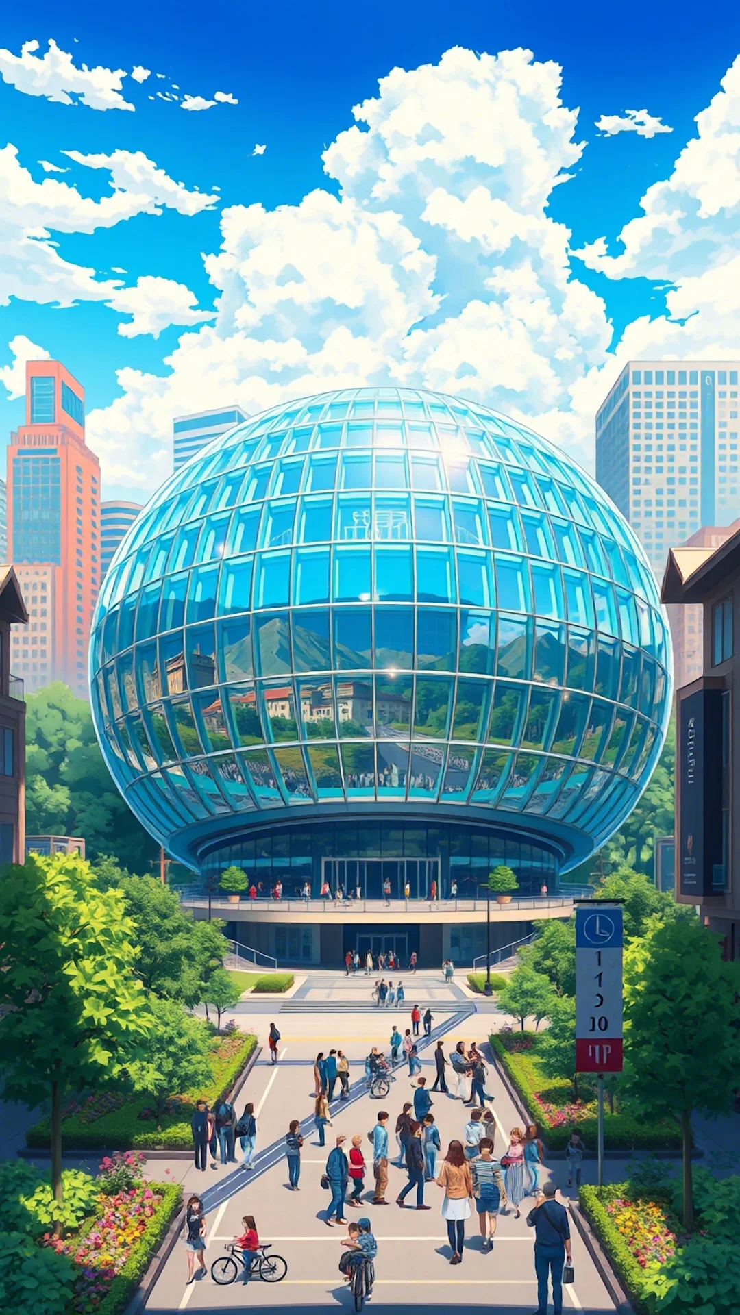 Futuristic Glass Sphere Building Anime Cityscape Art - Free 4K mobile Wallpaper