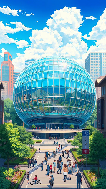 Futuristic Glass Sphere Building Anime Cityscape Art - Free mobile Wallpaper