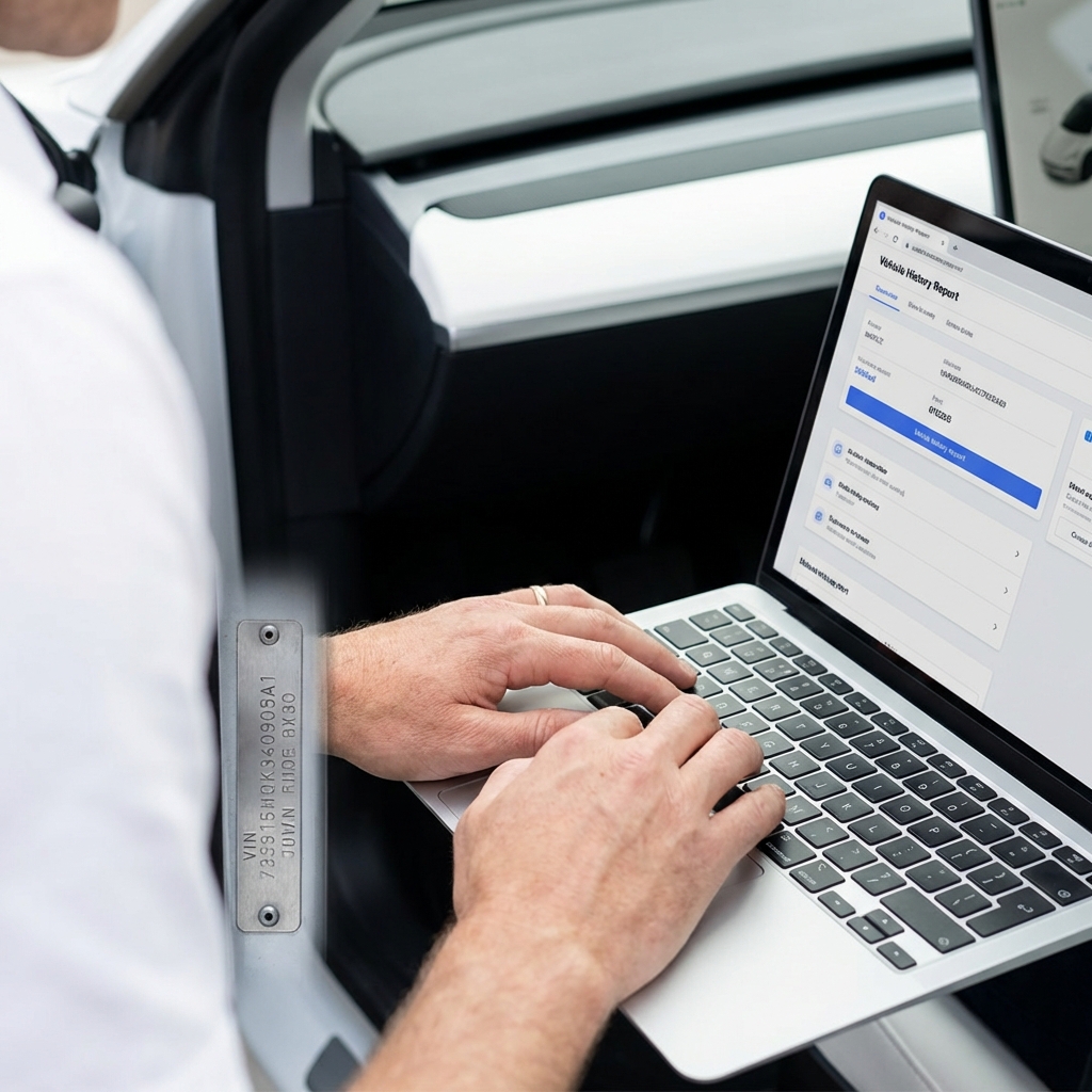 Close up of a VIN plate and a person typing the VIN into a laptop to run a vehicle history report for jeeps for sale on a clean white background with blue accents