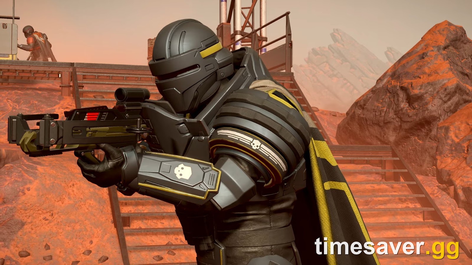 Helldivers 2 Helldiver in Democratic Detonation armor aiming the CB-9 Exploding Crossbow on a red planet