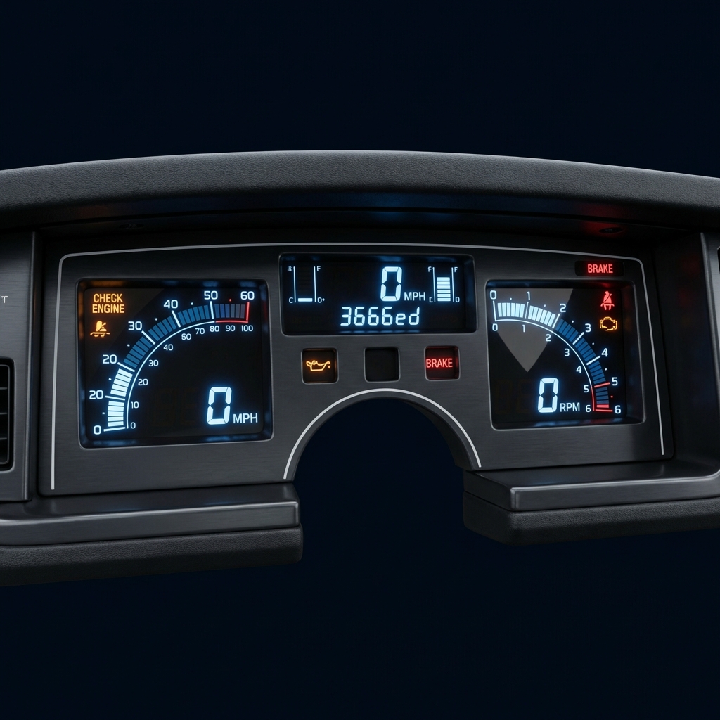 Close up photorealistic C4 Corvette digital instrument cluster with illuminated warning lights on white background minimalist layout ideal for corvettes for sale near me