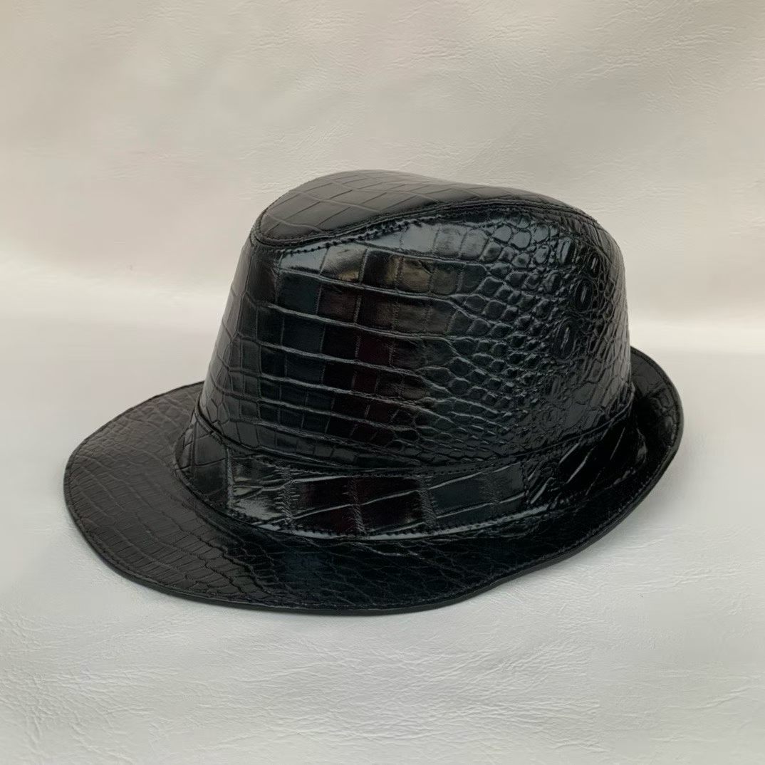 black genuine alligator leather fedora hat with structured crown and medium brim - detail 3.2