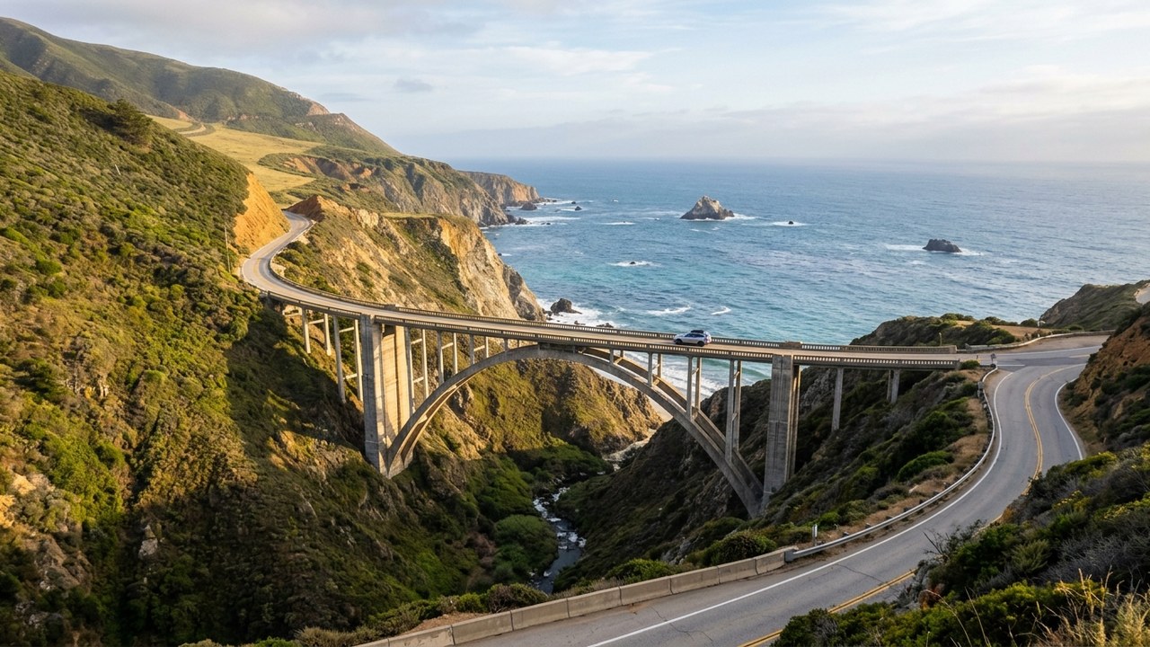 Bixby Creek Bridge on Pacific Coast Highway with ocean views