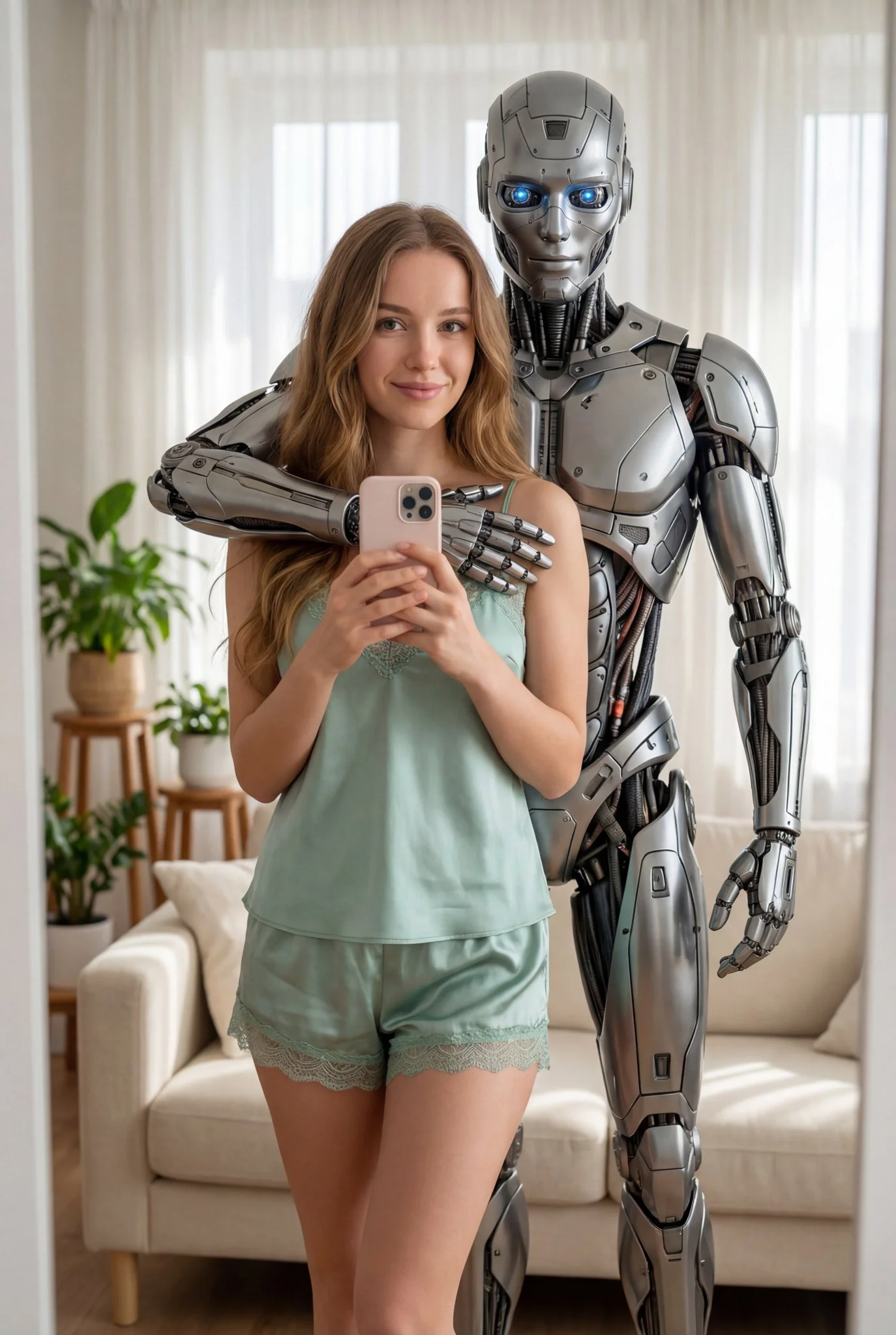 Foto hiperrealista en 8K: Tú de pie en una acogedora sala de estar con un robot futurista.