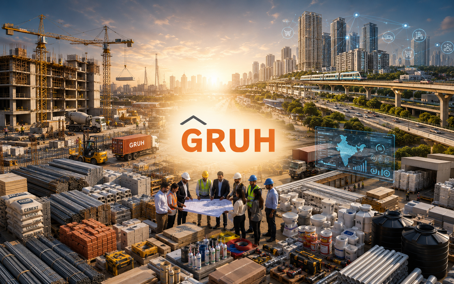 Gruh.tech production banner indicating structural material scaling operations