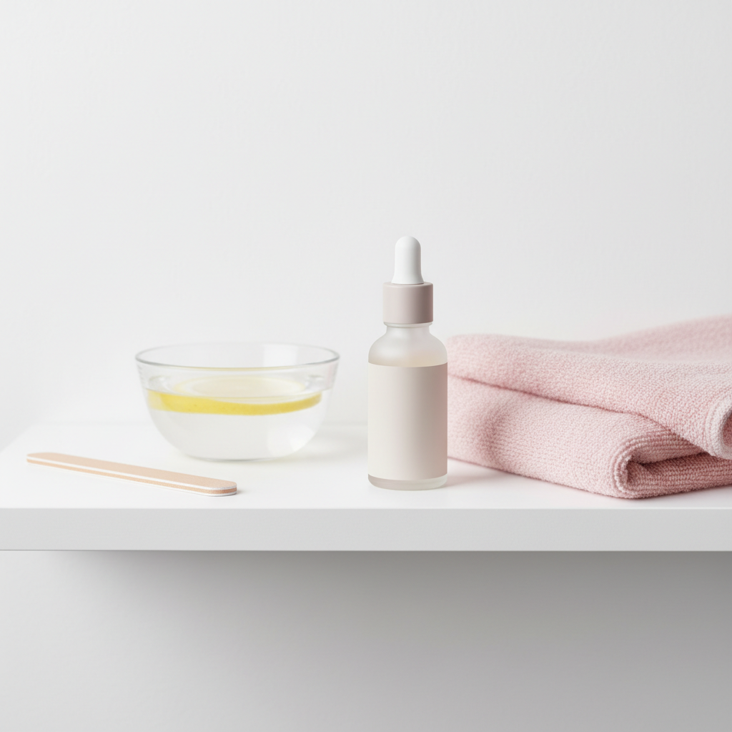 Minimalistische Nahaufnahme einer Badezimmerablage mit unlabeled Nagelölfläschchen, pastellrosa Handtuch, Holznagelfeile und Glasschale mit Zitrone — Nägel stärken.
