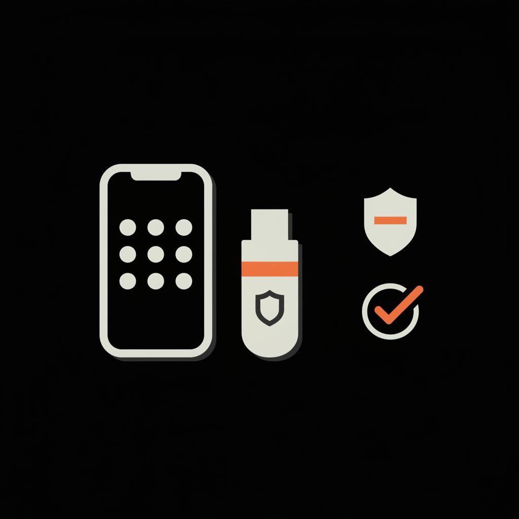 Minimal vector infographic of a smartphone with an authenticator code shown as six pale dots and a hardware security key beside it on a black background — how to prevent Instagram from being hacked