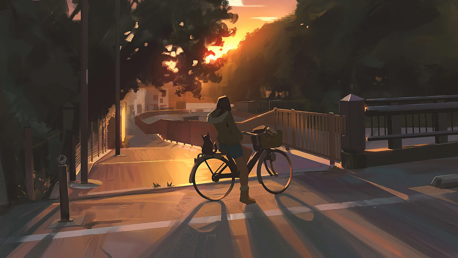 Digital Art, Sunset, Cityscape, Cycling. 4K Wallpaper Background (3840x2160)