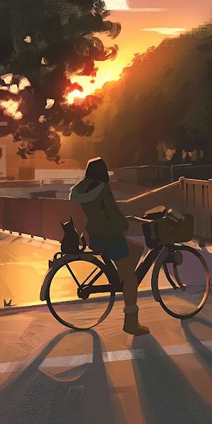 Digital Art, Sunset, Cityscape, Cycling. 4K Wallpaper Background