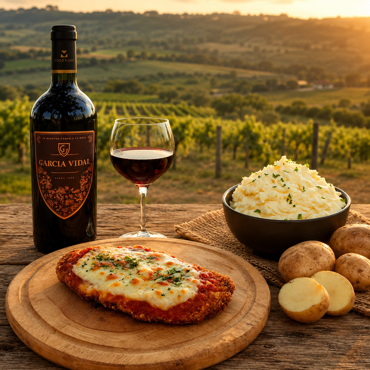 Promo 2 Suprema Napolitana de Pata Muslo de Pollos Libres de Antibióticos + 2 Purés de Papas Caseros + 1 Vino Agroecológico
