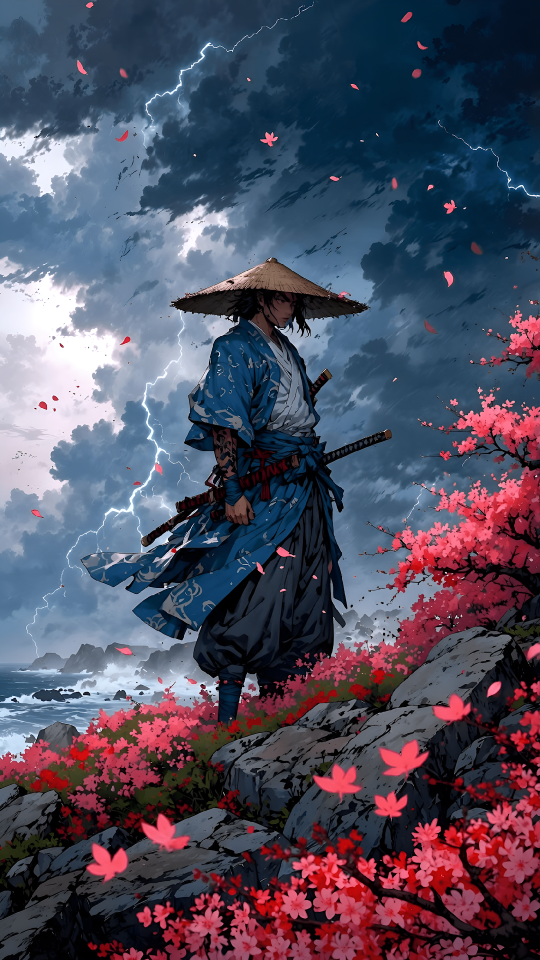 Ronin Warrior Amidst Sakura Storm and Lightning Coast - Free 4K mobile Wallpaper