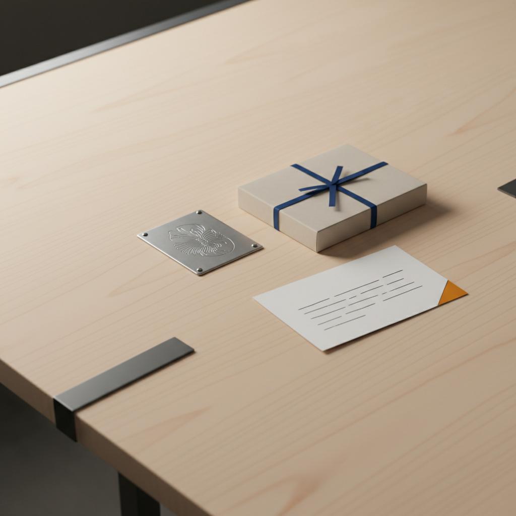 Nahaufnahme minimalistischer Geschenke für den Arbeitgeber auf hellem Holztisch: Metall‑schild, Schokoladenbox, Karte mit angedeuteten Strichen, Akzente #0044CC und #ff9800