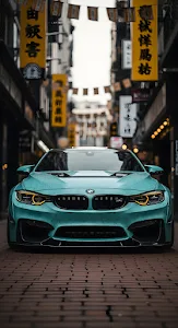 Teal BMW M4 Sports Car in Moody Asian Urban Alley