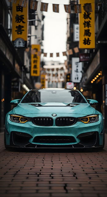 Teal BMW M4 Sports Car in Moody Asian Urban Alley - Free mobile Wallpaper