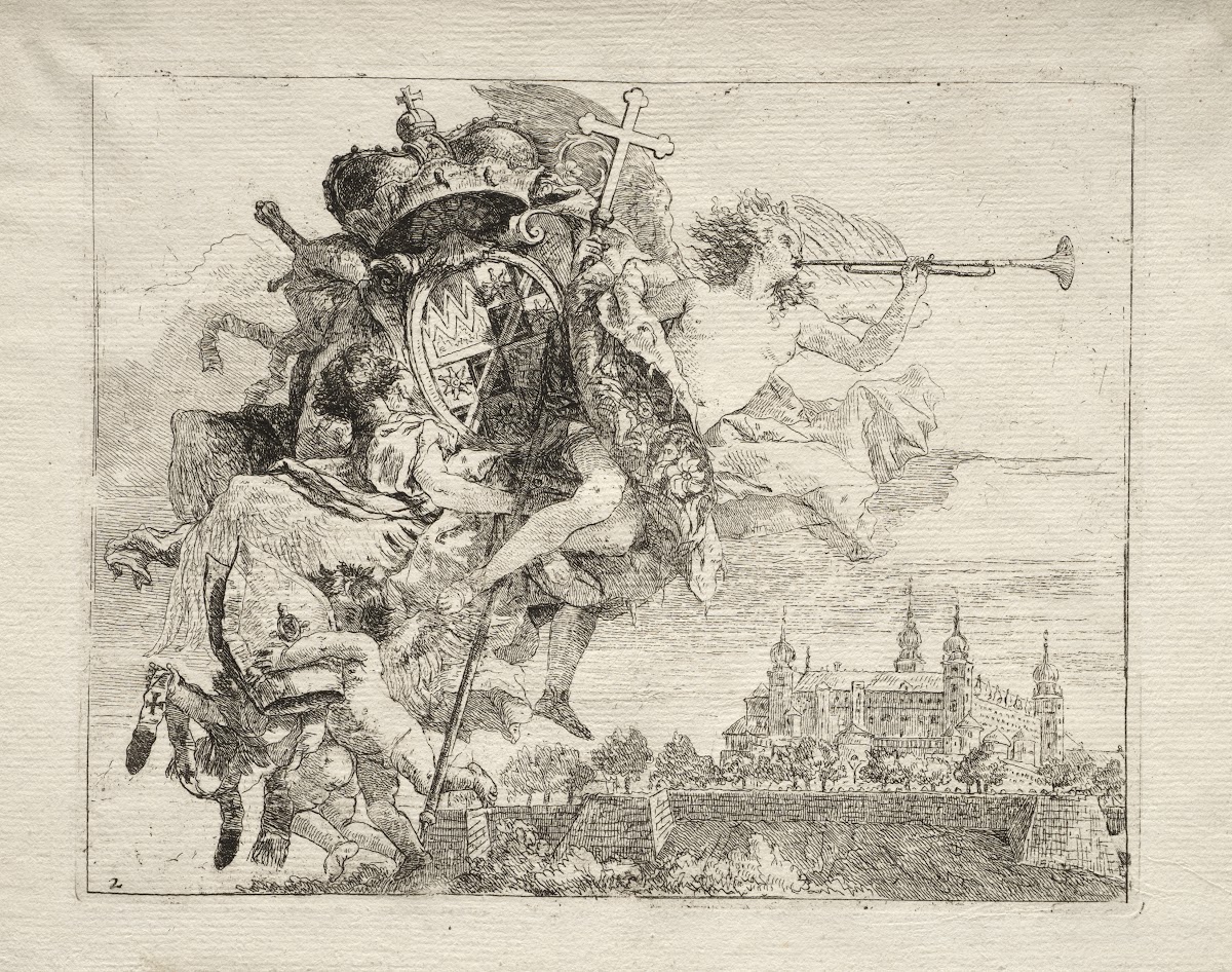 Dedication with Winged Figure of Fame bearing the Arms of the Prince Bishop of W