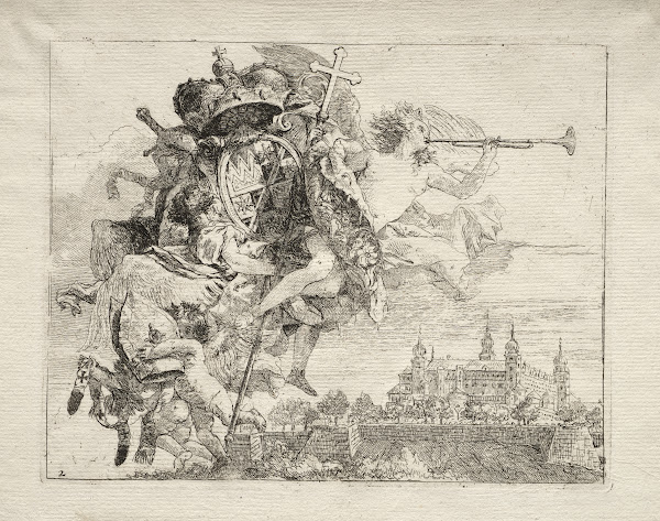Dedication with Winged Figure of Fame bearing the Arms of the Prince Bishop of W