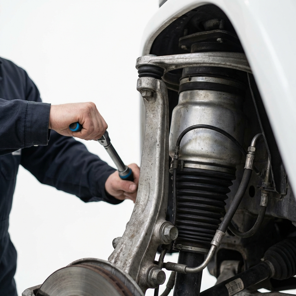 Close up of a G Wagon wheel arch and air suspension strut inspected by a technician on a clean white background with CarFax Deals blue accents g wagon for sale