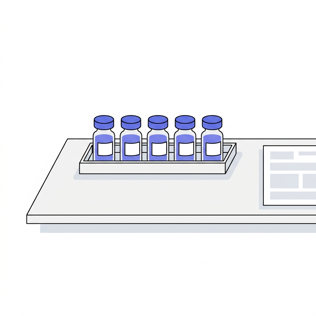 Minimalist 2D vector lab bench with row of labeled vials and a partially visible certificate of analysis in Peptide World color palette peptite