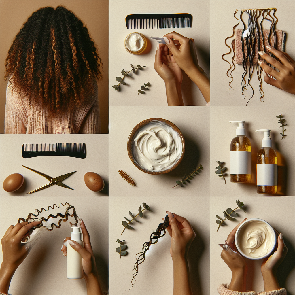 Une série de photos étape par étape montrant les mains d'une femme appliquant différents soins capillaires sur des cheveux crépus type 4C : démêlage avec un peigne à larges dents, application d'un masque crémeux blanc, et enroulement de sections de cheveux. Les produits et les gestes sont clairement visibles sur un fond neutre blanc.