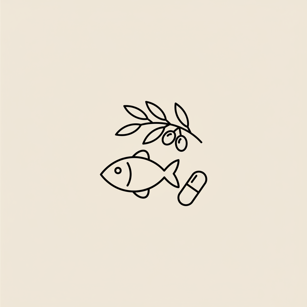 Minimal Tonum-style line illustration of a fish, olive branch and capsule on beige background illustrating what improves memory and focus