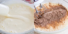 Trong một âu trộn lớn, cho bột mì, bột cacao và muối vào khuấy đều bằng phới lồng. Sau đó cho hỗn hợp bột vào hỗn hợp trứng. Dùng máy đánh trứng trộn đều ở tốc độ nhỏ để hỗn hợp làm bánh bông lan được quyện đều, mịn màng và ít tạo bọt khí.