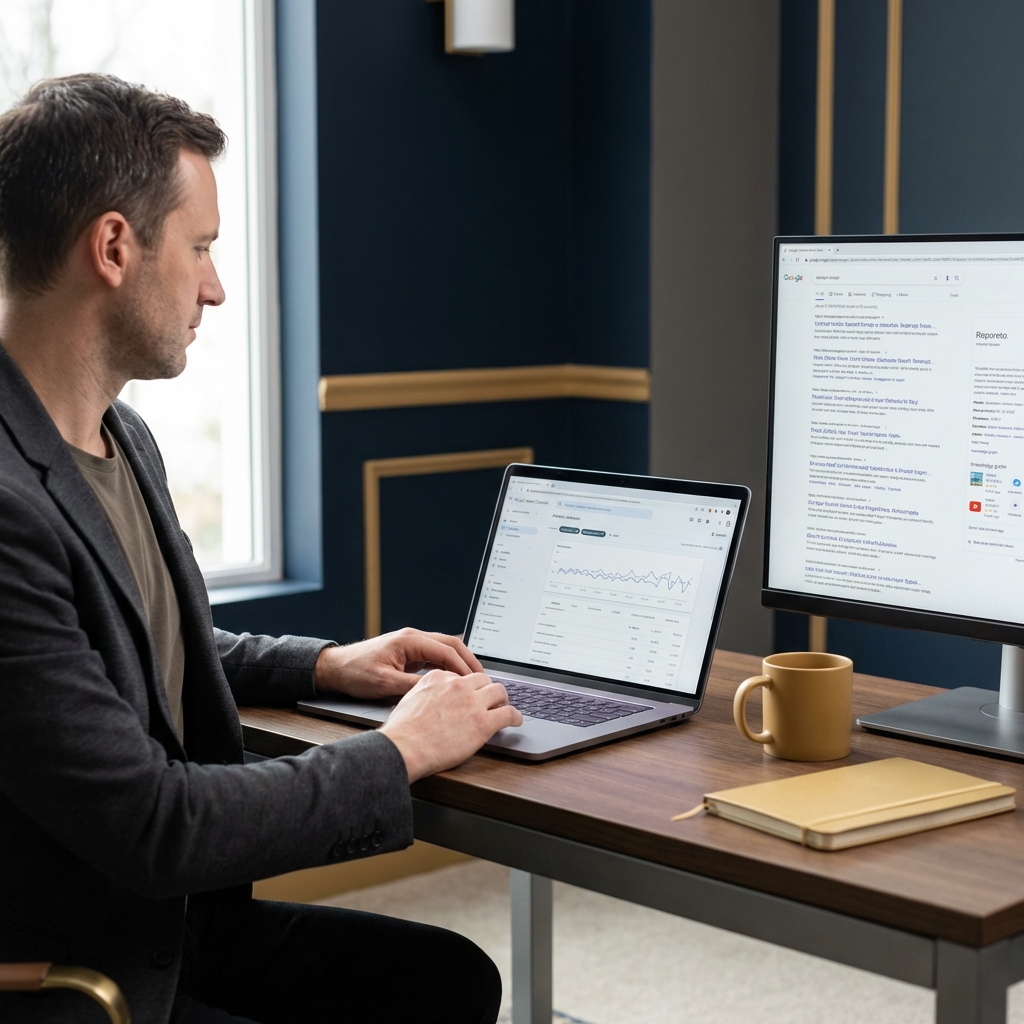 Marketer analyzing Google Search Console on laptop with live serp google results on second monitor minimalist desk in Orvus Ltd brand colors