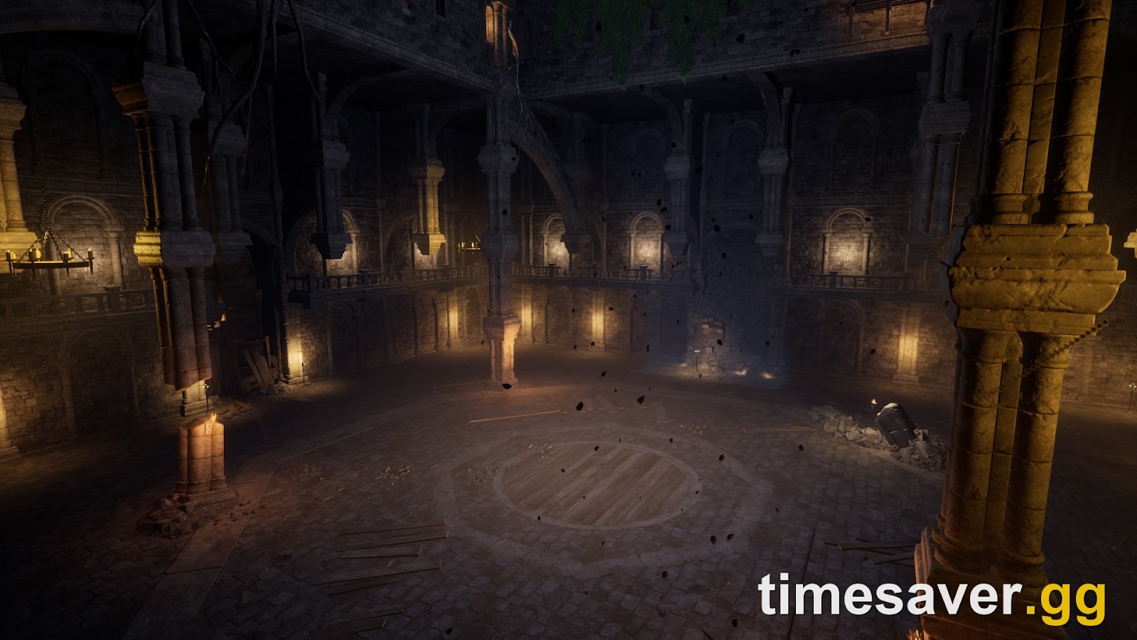 The dark, torch-lit interior of a Palworld dungeon arena