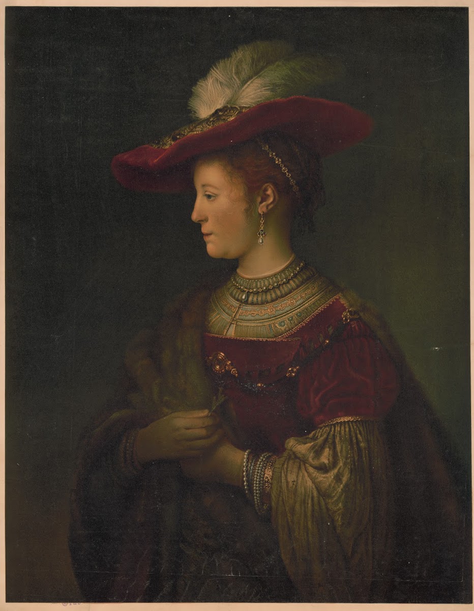 Woman in red velvet fur jewels and feathered hat 1890