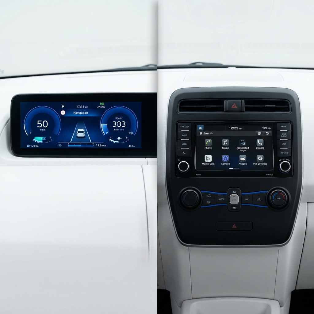 Close crop interior dashboard comparison showing EV3 style digital cluster left and classic Soul center stack right minimalist studio shot kia souls for sale