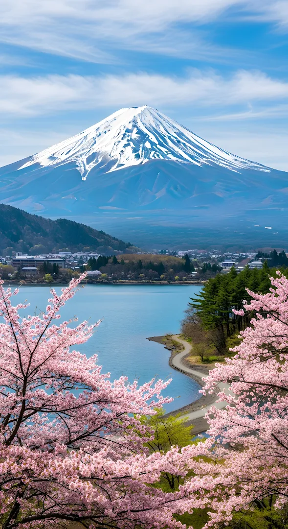 Mount Fuji Spring View with Pink Cherry Blossoms and Lake