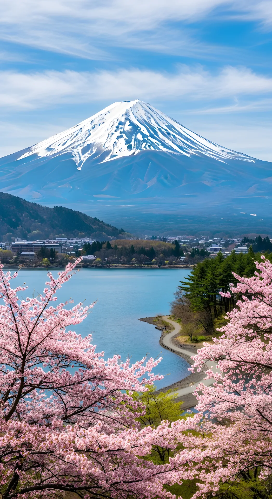 Mount Fuji Spring View with Pink Cherry Blossoms and Lake - Free 4K mobile Wallpaper