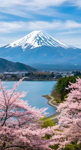 Mount Fuji Spring View with Pink Cherry Blossoms and Lake