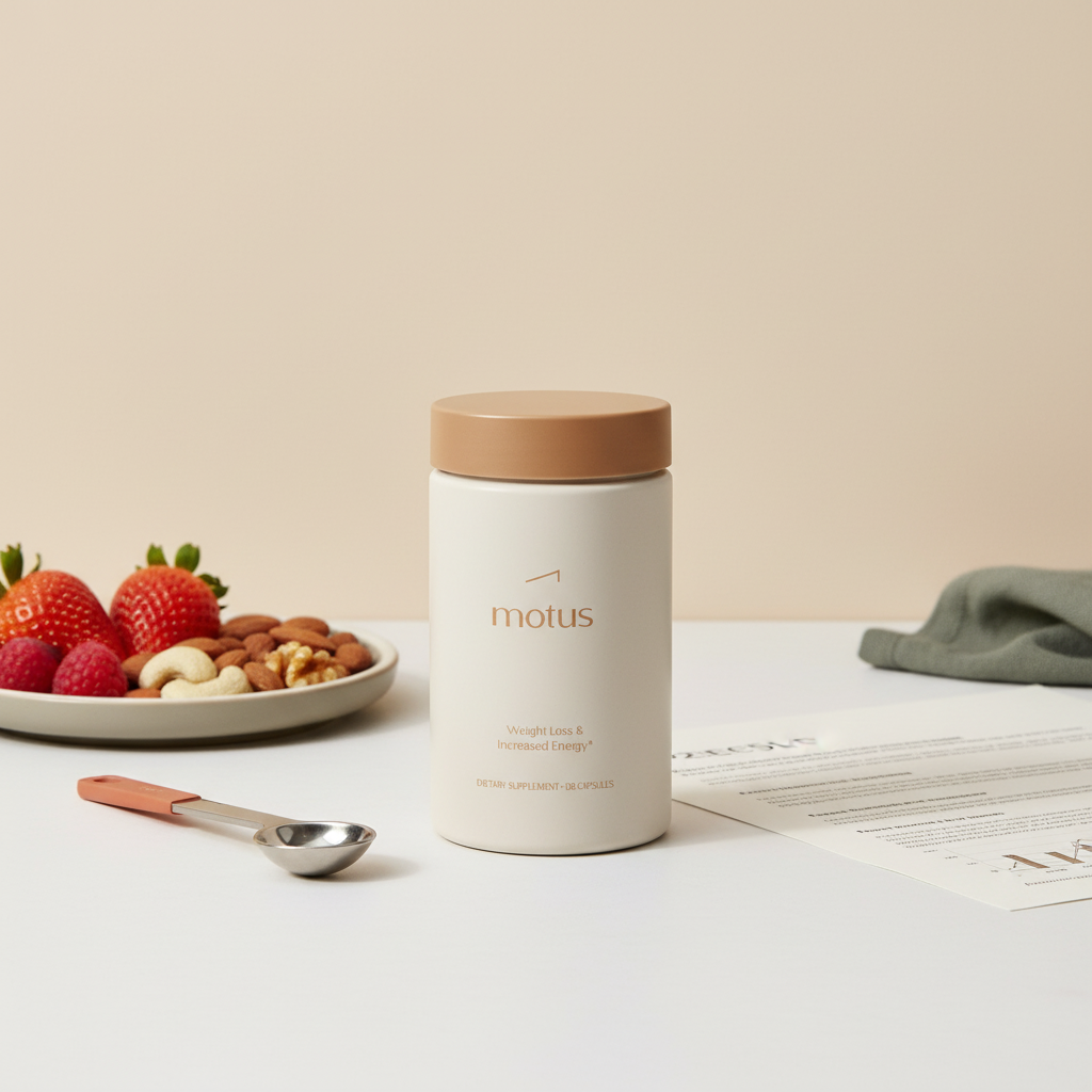 Minimal lifestyle photo of Motus supplement jar on a white countertop with measuring spoon, plate of berries and nuts and a research printout, suggesting the best weight loss pill