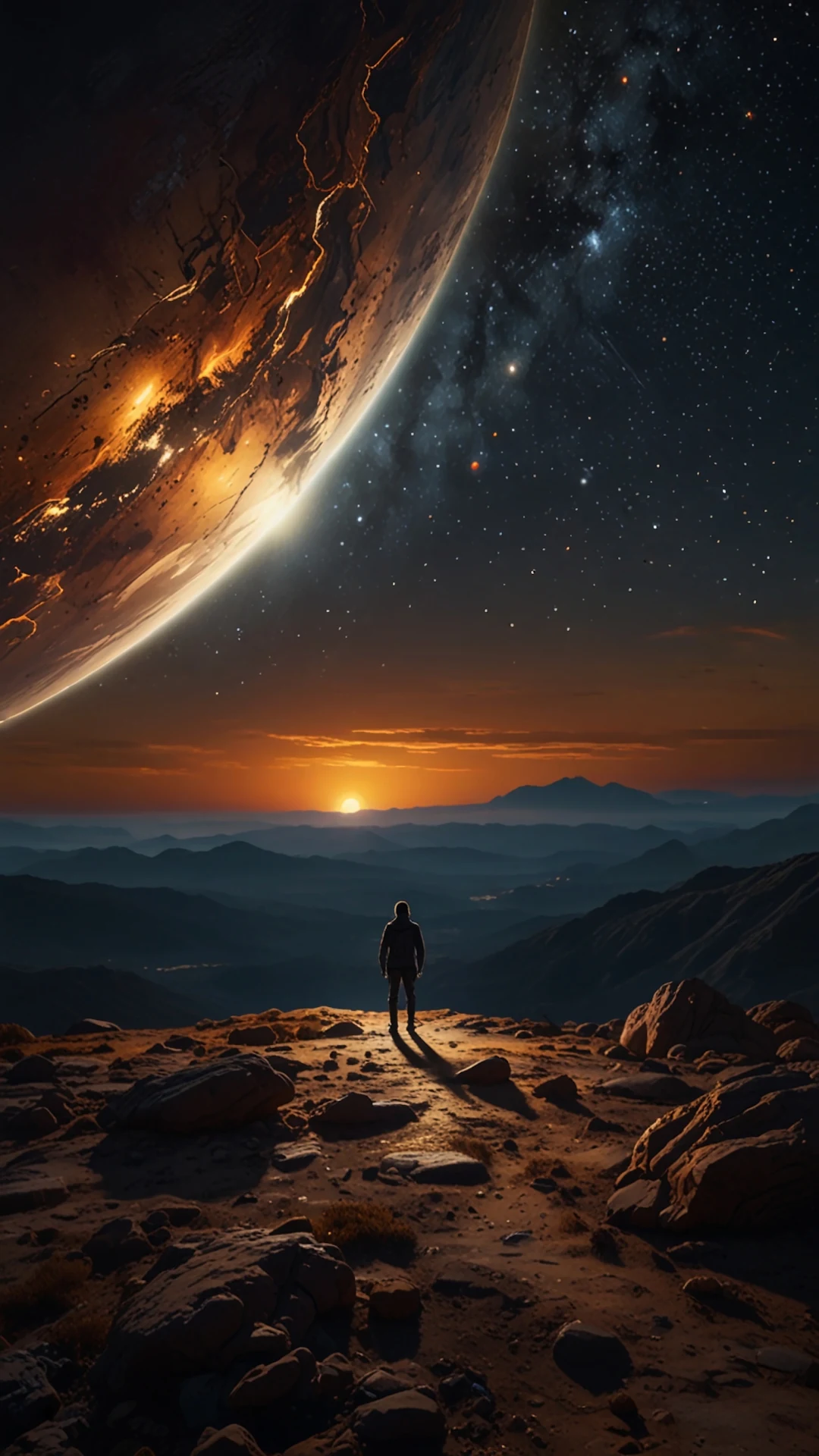 Lone figure stands on alien world beneath massive glowing planet - Free 4K mobile Wallpaper