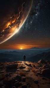 Lone figure stands on alien world beneath massive glowing planet