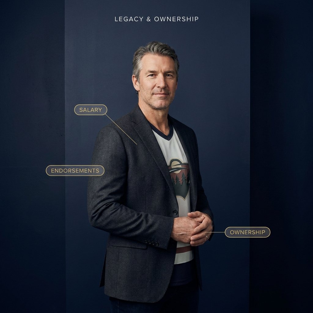 Portrait of a celebrated retired hockey player in a minimalist Funded Plays studio with small labels for salary endorsements and ownership providing context for nhl odds today