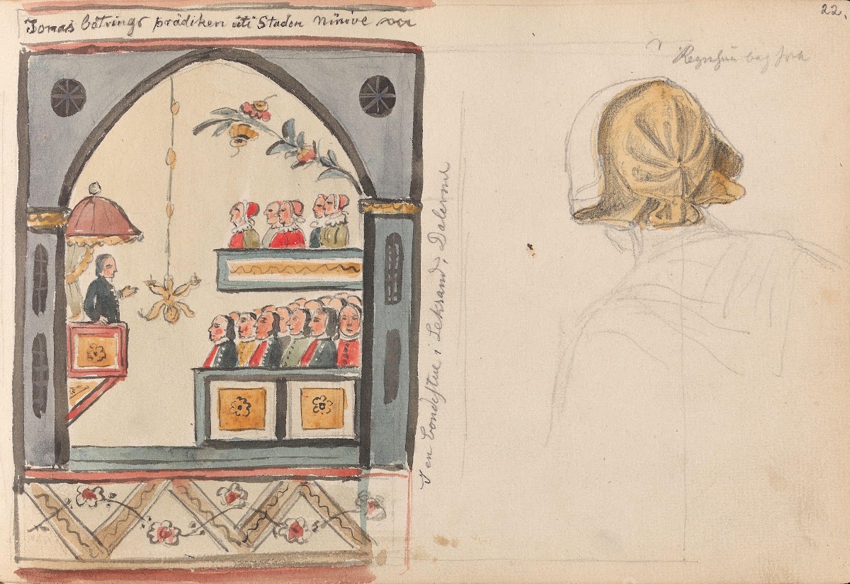 Preken ryggvendt kvinne med kyse 1852