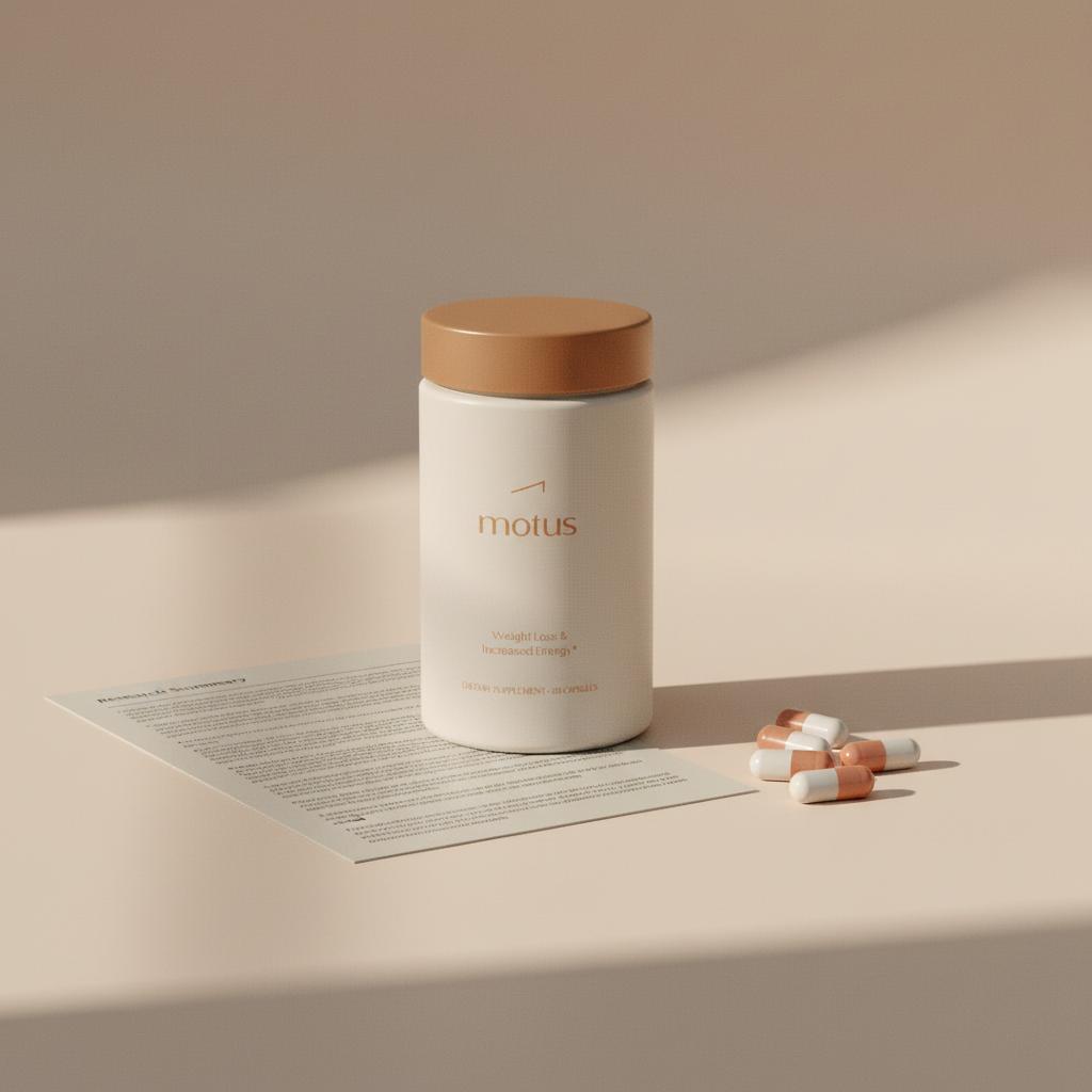 Minimalist studio shot of Tonum Motus container with spilled capsules and a folded research summary on a beige surface, highlighting oral semaglutide in a clinical lifestyle context